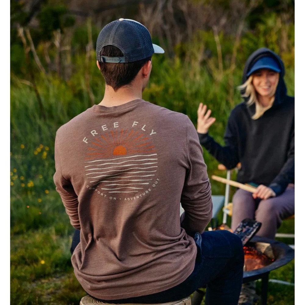 Free Fly Mens Long Sleeve Graphic Tee Brown Sun Logo Tri-Blend Shirt Medium